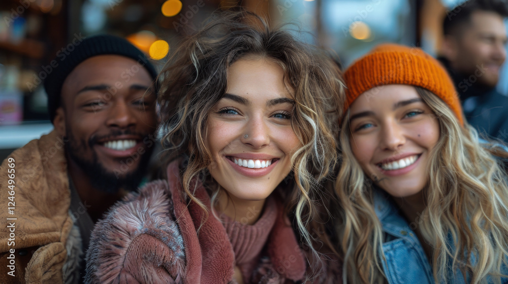 group of diverse friends smiling and enjoying time together outdoors, showcasing joy and connection in cozy setting group of diverse friends smiling and enjoying time together outdoors, showcasing joy and connection in cozy setting