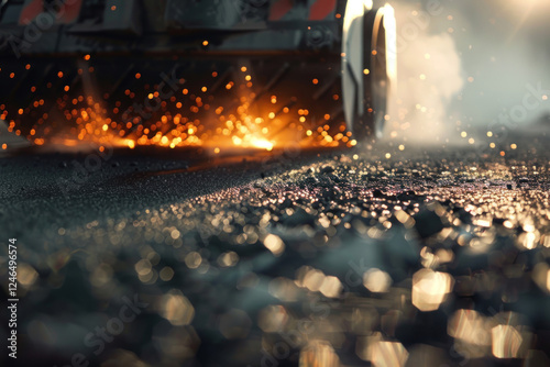 Road roller compacting fresh asphalt, action shot from ground level
