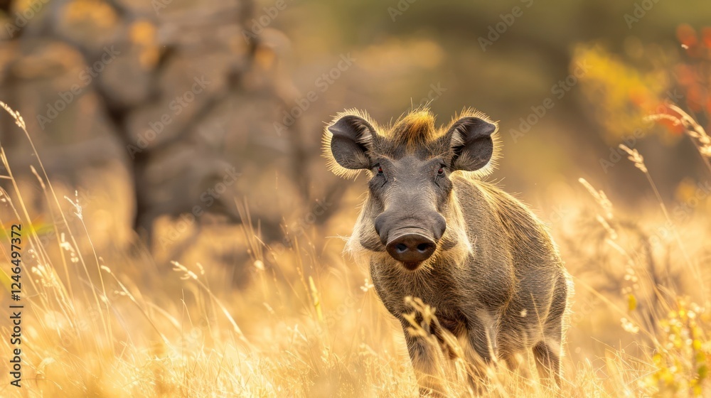 A curious warthog stands amidst golden grass in a serene savannah landscape at sunset A curious warthog stands amidst golden grass in a serene savannah landscape at sunset