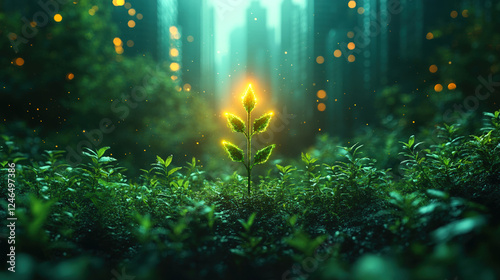 A vibrant glowing sprout in a mystical forest setting, in a lush, dark green forest, Energy sources for renewable, sustainable development concept
