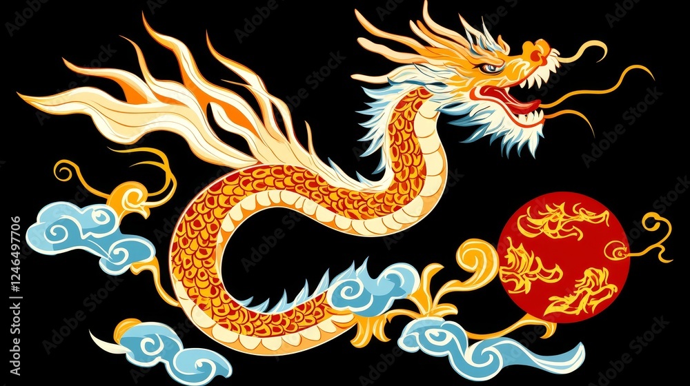 Obraz premium Vibrant Asian Dragon Art with Red Orb Design