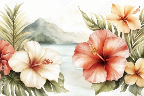 Fototapeta Naklejka Na Ścianę i Meble -  A delicate watercolor of a tropical paradise scene, with lush greenery, calm blue waters, and colorful flowers