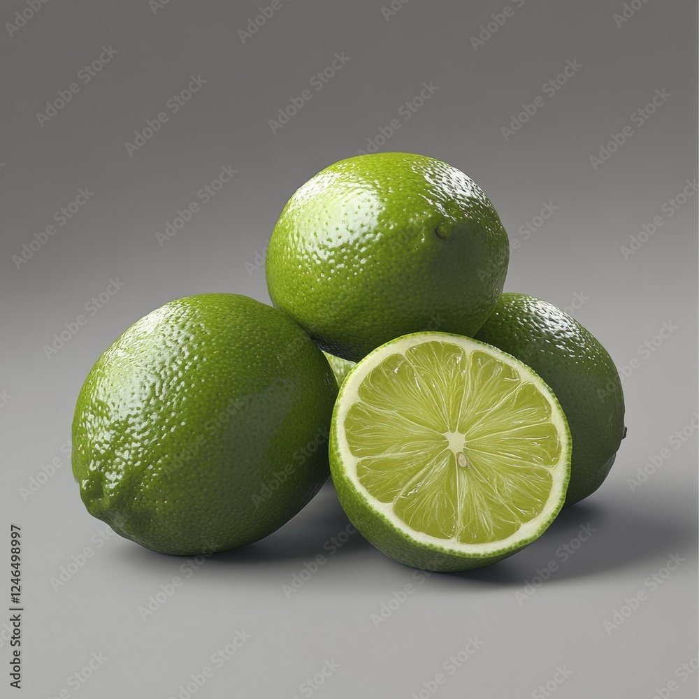 Fresh Limes and Sliced Lime on Gray Background for Culinary Use Fresh Limes and Sliced Lime on Gray Background for Culinary Use