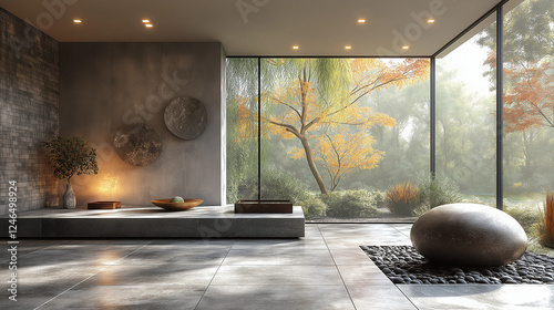 Modern Minimalist Living Room with Circular Window and Cozy Fireplace