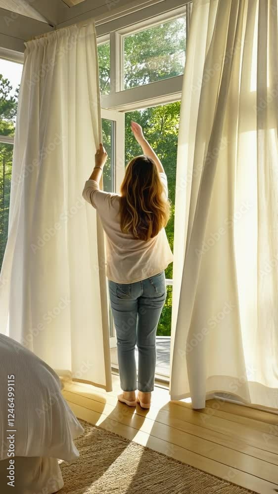 Woman opening curtains in bedroom, letting in morning sunlight