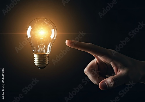 index finger pointing at an illuminated bulb