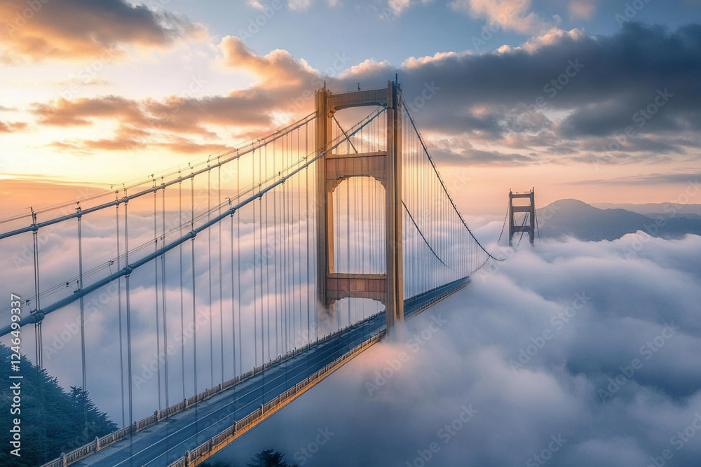 Fototapeta premium Elevated view of a bridge emerging from clouds at sunrise over a mountainous landscape