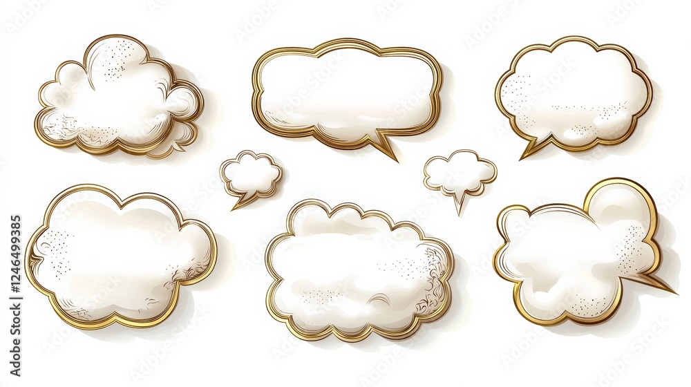 A collection of decorative speech and thought bubble shapes, featuring elegant borders and empty spaces for text or messages. A collection of decorative speech and thought bubble shapes, featuring elegant borders and empty spaces for text or messages.