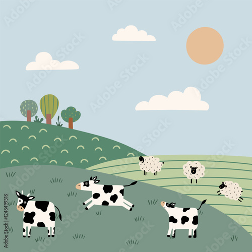 A peaceful meadow with cows and sheep grazing under a clear blue sky, surrounded by lush green grass and rolling hills.