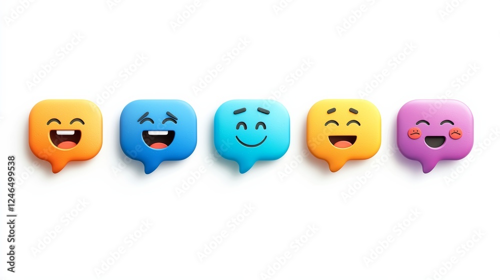 Obraz premium Colorful chat bubbles featuring various smiling and happy emojis, representing different emotions and expressions in digital communication.