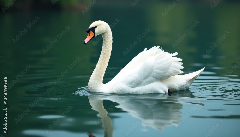 Naklejka premium Graceful white swan on serene lake, gentle ripples , ripple, feather
