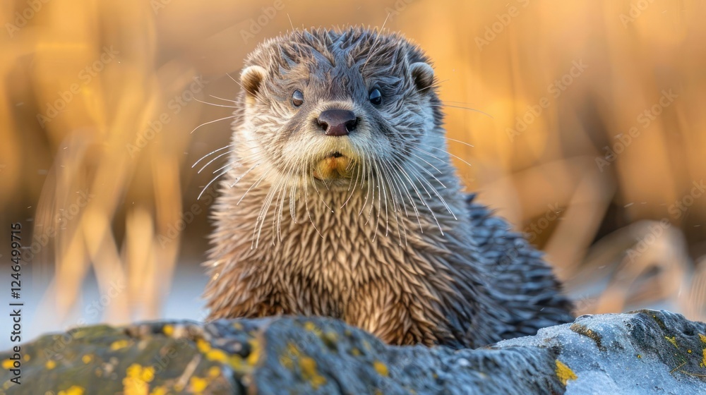 Playful otter perched on a mossy rock, surrounded by golden grasses and shimmering water Playful otter perched on a mossy rock, surrounded by golden grasses and shimmering water