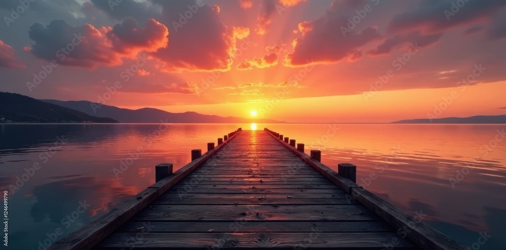 Obraz premium Silhouette at the end of rustic pier, facing sunset over still water , picture, photography