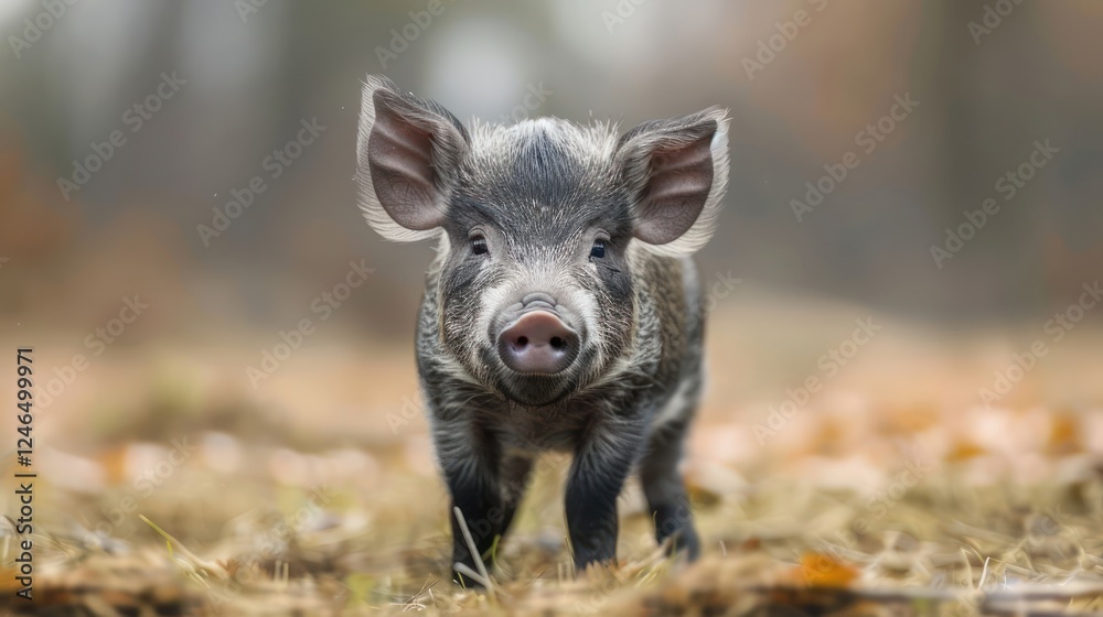 Young wild pig standing in a forest clearing surrounded by autumn foliage and soft light Young wild pig standing in a forest clearing surrounded by autumn foliage and soft light