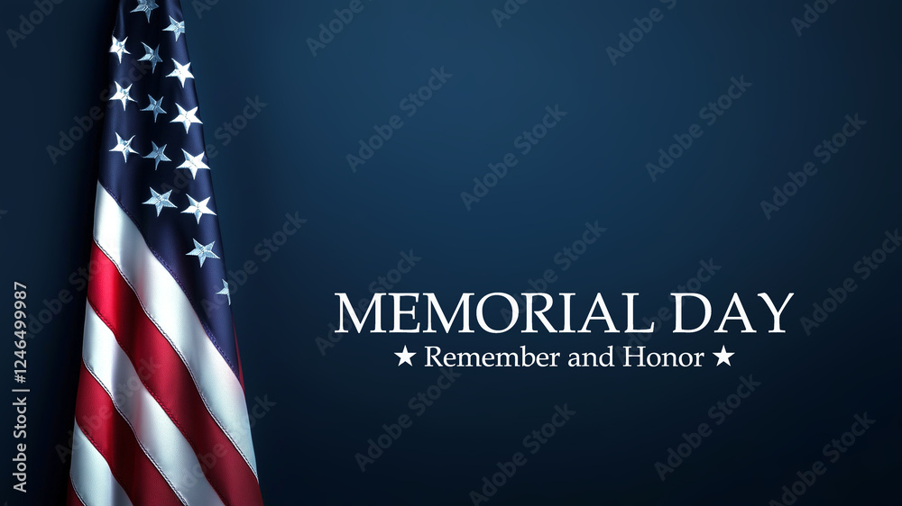 American US flag on dark blue background, text memorial day remember and honor, memorial day holiday celebration and background