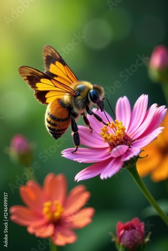 Xylocopa latipes hovering over blooming flowers with clipped paths of colors, entomology, flora photo