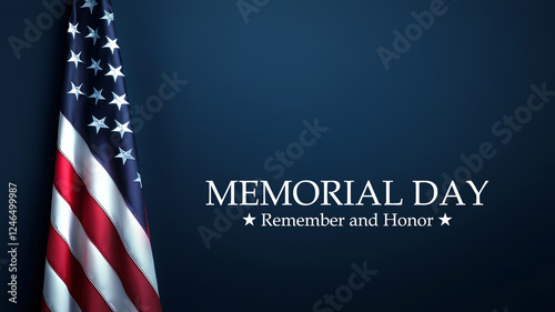 Obraz na płótnie American US flag on dark blue background, text memorial day remember and honor, memorial day holiday celebration and background w salonie