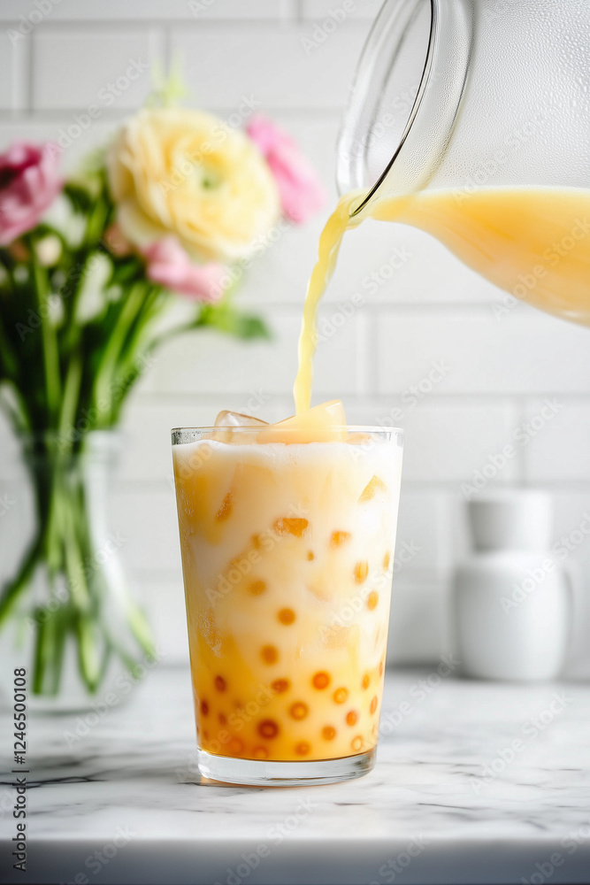 Mango bubble tea, refreshing mango drink with jelly tapioca balls Mango bubble tea, refreshing mango drink with jelly tapioca balls