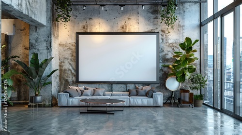 Wallpaper Mural A glossy rectangular frame on a polished concrete wall in a chic industrial space  HD 8K mockup wallpaper Photographic Image Torontodigital.ca