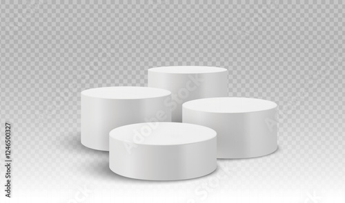 Cluster of four cylindrical podiums with even heights on a transparent background. Stage showcase platforms vector.