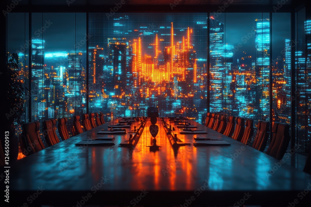 Obraz premium Night Cityscape Boardroom: Futuristic Conference Room with Panoramic View