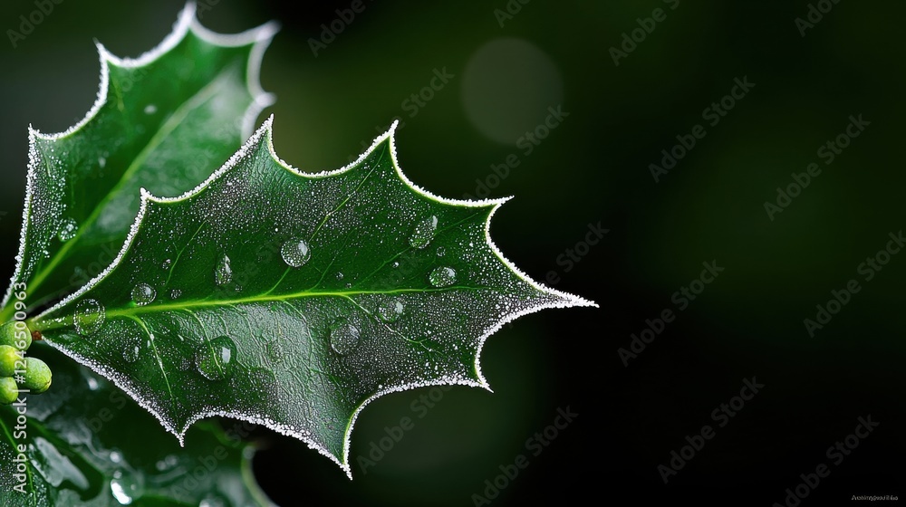 A close-up of a green holly leaf with water droplets on it. A close-up of a green holly leaf with water droplets on it.