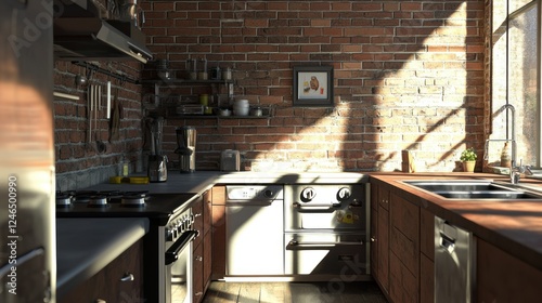 A modern urban loft kitchen with exposed brick walls and industrial-style appliances, including a smart gas range, a built-in fridge, and a self-cleaning oven, with warm sunlight creating shadows.