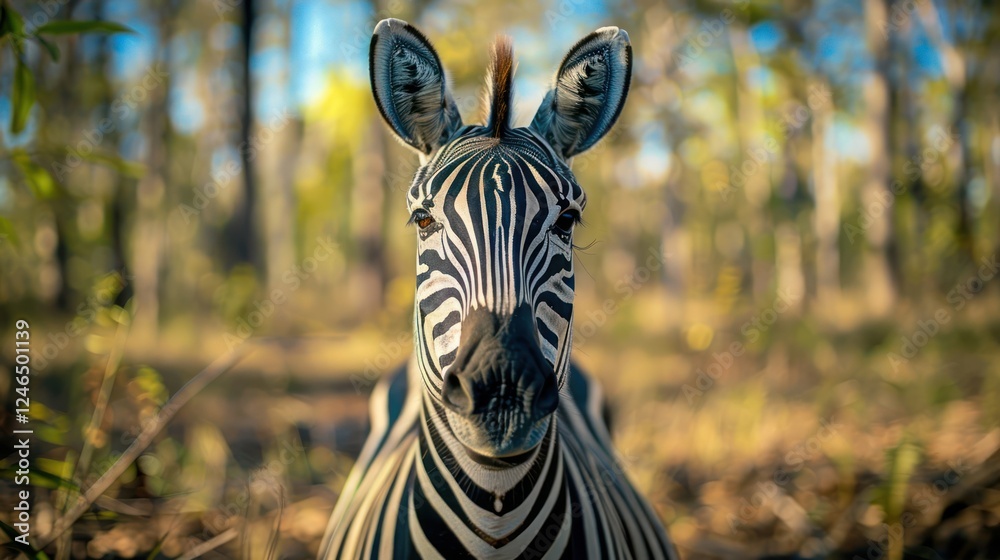 Naklejka premium Close-up of a zebra resting in a sunlit forest, surrounded by trees and natural foliage