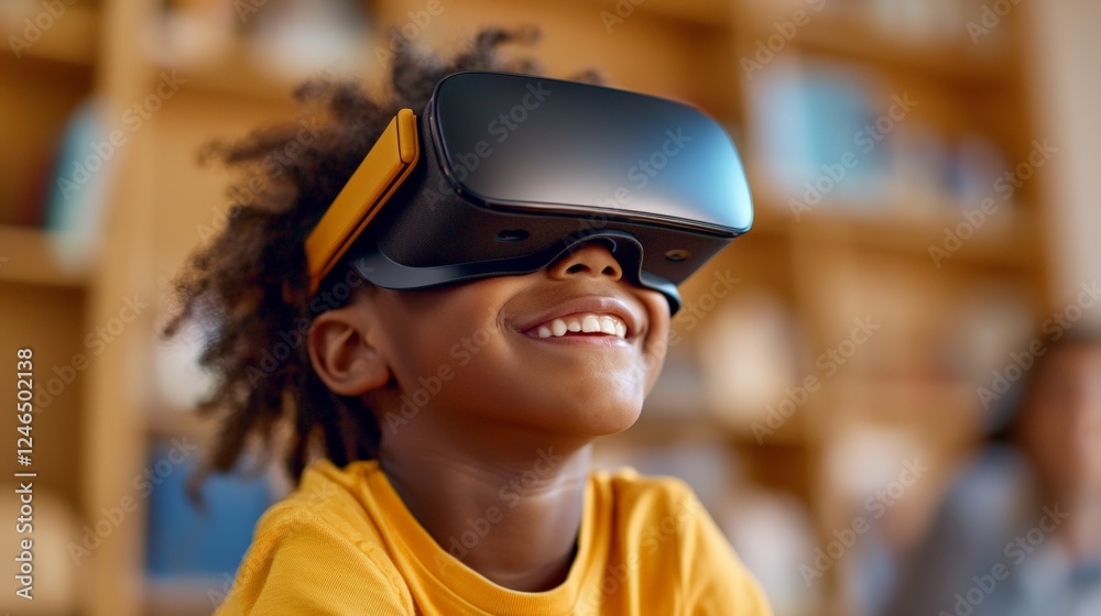 African child enjoying virtual reality headset technology experience indoors African child enjoying virtual reality headset technology experience indoors