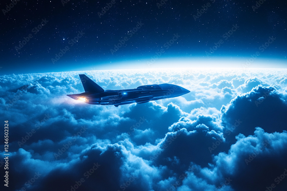 Fototapeta premium Supersonic aircraft flying through dramatic cloud formations at sunset