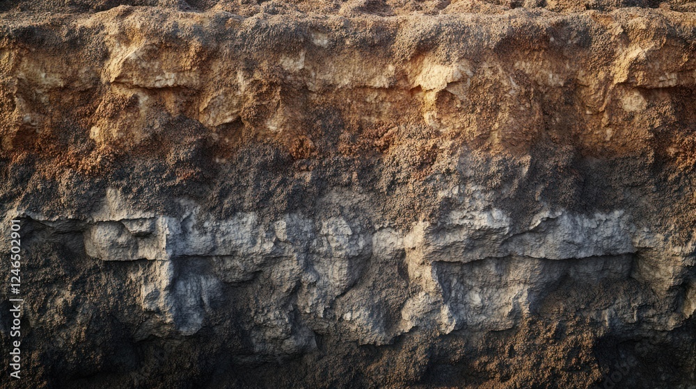 A photorealistic geological formation showing a vertical cut of the earth layers, from rich organic soil to solid bedrock, with detailed underground textures. High-resolution 4K image. A photorealistic geological formation showing a vertical cut of the earth layers, from rich organic soil to solid bedrock, with detailed underground textures. High-resolution 4K image.