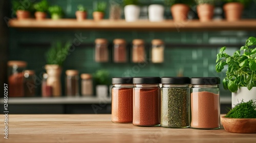 Fototapeta Naklejka Na Ścianę i Meble -  Assorted spice jars on wooden kitchen counter with green tiles and herb plants