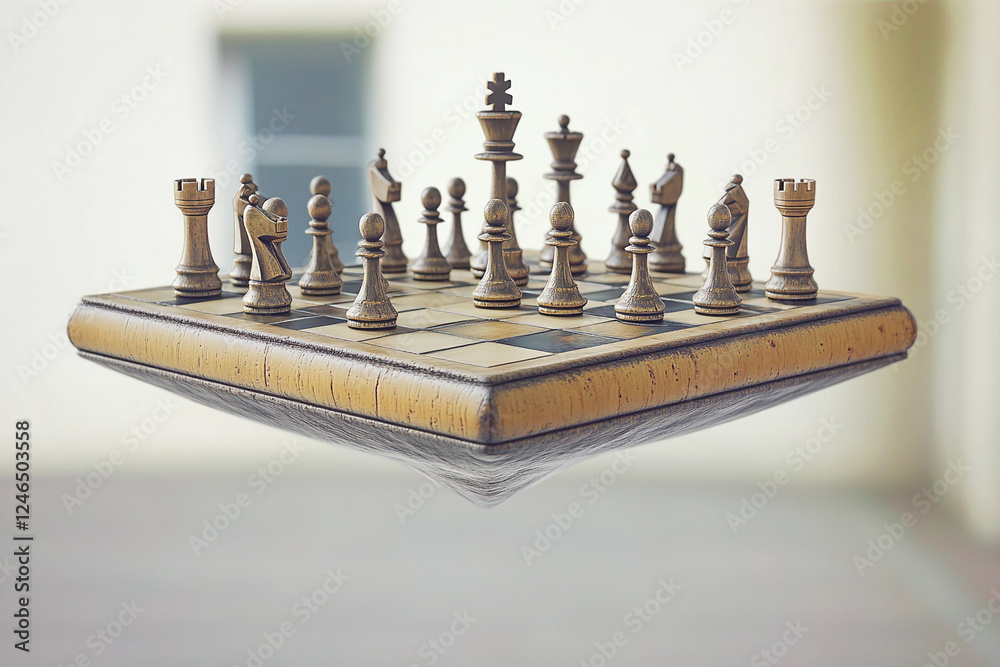 Chess pieces in a creative, floating display on a minimalist board Chess pieces in a creative, floating display on a minimalist board
