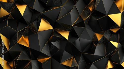 A premium abstract geometric design featuring sharp-edged black and gold polygonal shapes with realistic reflections and high contrast. Photorealistic 4K photography photo