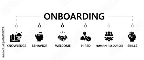 Onboarding banner web icon vector illustration concept for human resources business industry to introduce newly hired employee into an organization with behavior, welcome, knowledge, and skills icon