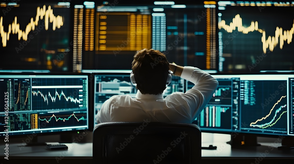 Man Sitting at Desk with Large Monitor Displaying Graphs Man Sitting at Desk with Large Monitor Displaying Graphs