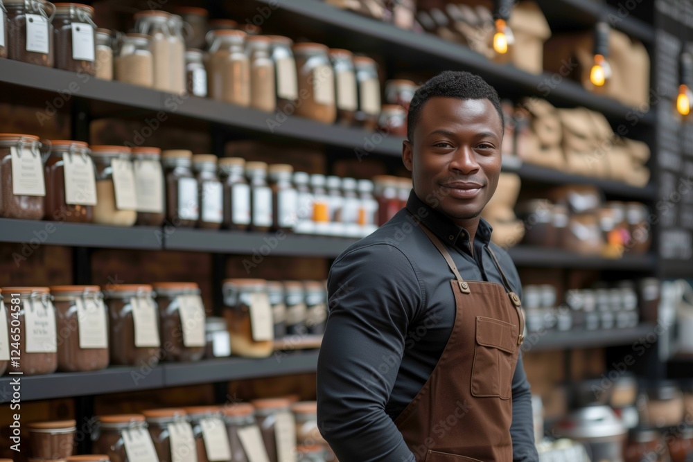 African American barista standing confidently in front shelves stocked with jars in modern coffee shop. Wearing a brown apron over a black shirt, exudes professionalism, surrounded. African American barista standing confidently in front shelves stocked with jars in modern coffee shop. Wearing a brown apron over a black shirt, exudes professionalism, surrounded.
