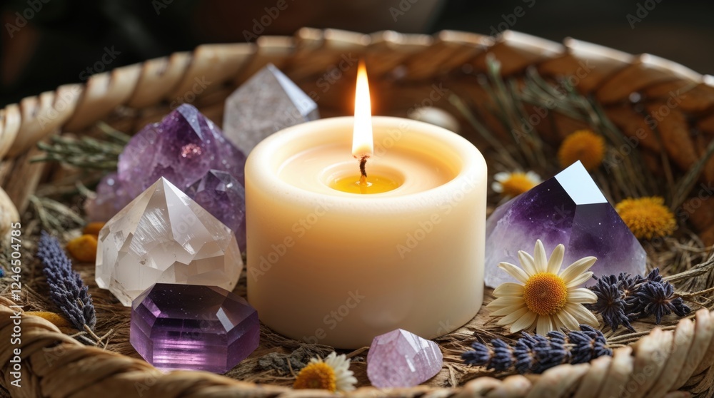 A lit candle surrounded by amethyst and clear quartz crystals in a woven basket. Warm, calming, and serene. A lit candle surrounded by amethyst and clear quartz crystals in a woven basket. Warm, calming, and serene.