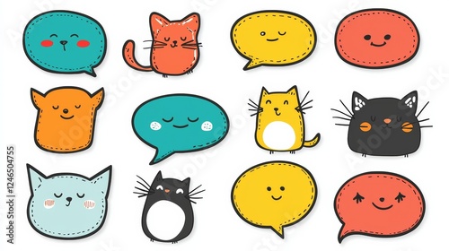 A cheerful arrangement of cartoon cats and speech bubbles, featuring cute designs and vibrant colors, ideal for playful communication themes. photo