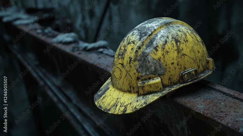 A realistic 4K close-up of a weathered yellow hard hat covered in dust, placed on a rusted steel beam inside a hollow, unfinished structure