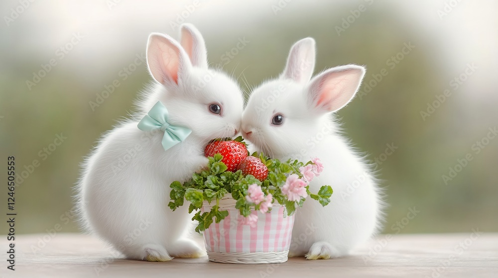 Adorable White Rabbits Sharing Strawberries Adorable White Rabbits Sharing Strawberries
