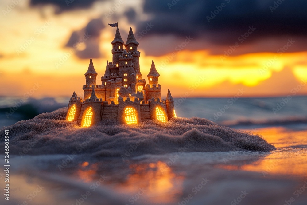 Obraz premium Sandcastle masterpiece glows at sunset on a beach with crashing waves