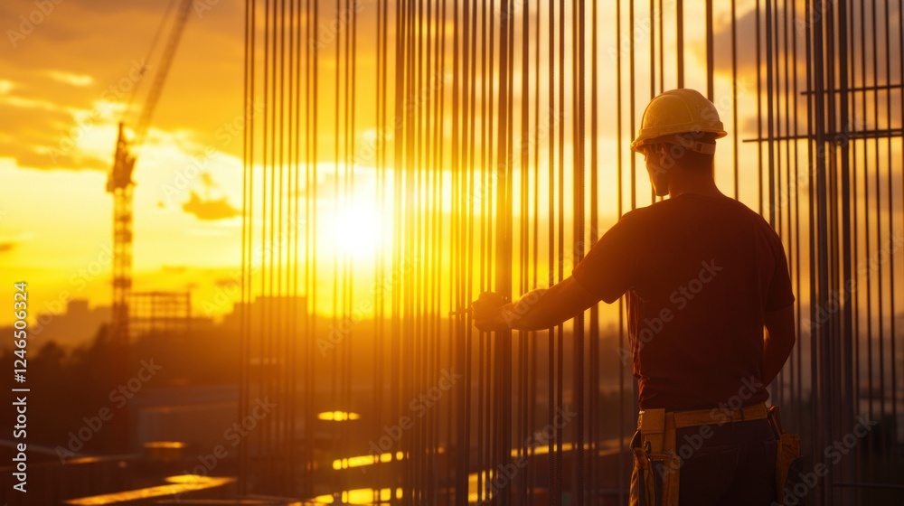 A realistic 4K industrial scene showing a skilled tradesman carefully aligning steel bars while the sun sets behind an unfinished high-rise structure.