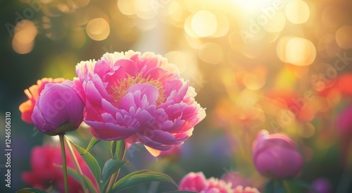 Fototapeta Naklejka Na Ścianę i Meble -  pink purple magenta peonies flowers outdoor garden bokeh sunlight growth environment fluffy