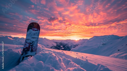 Fototapeta Naklejka Na Ścianę i Meble -  A vibrant sunset casts pink and orange hues across the sky above snow covered mountains, with a snowboard lying in untouched powder, symbolizing a thrilling winter experience.