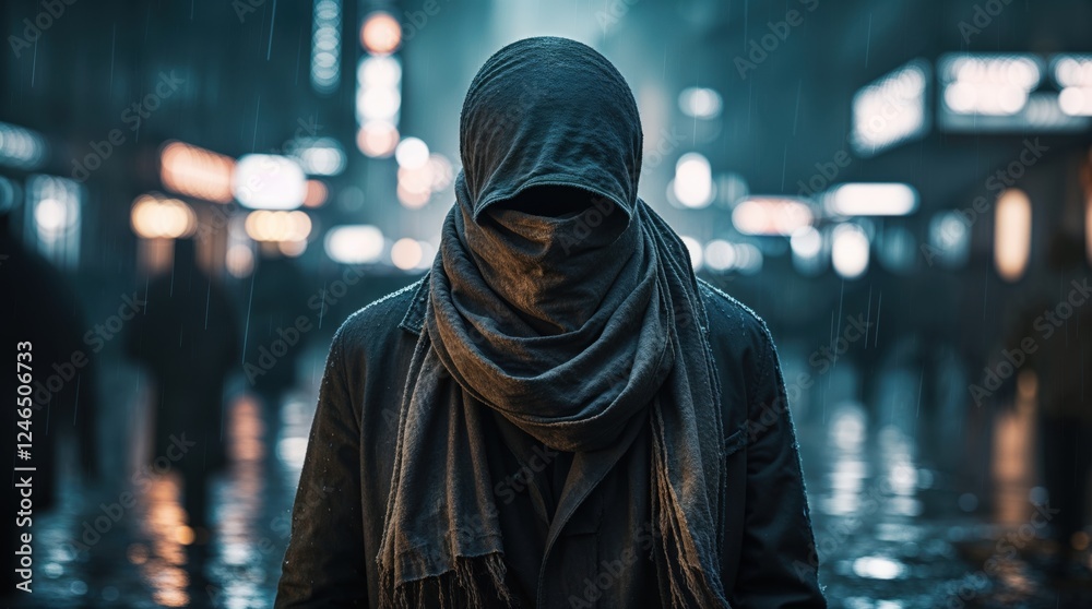 Mysterious figure shrouded in darkness, walking through a rain-soaked city at night. The urban setting and moody atmosphere create a sense of intrigue. Mysterious figure shrouded in darkness, walking through a rain-soaked city at night. The urban setting and moody atmosphere create a sense of intrigue.