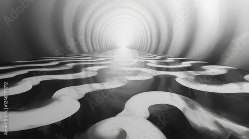 Surreal Monochrome Tunnel with Wavy Reflections Leading to Light