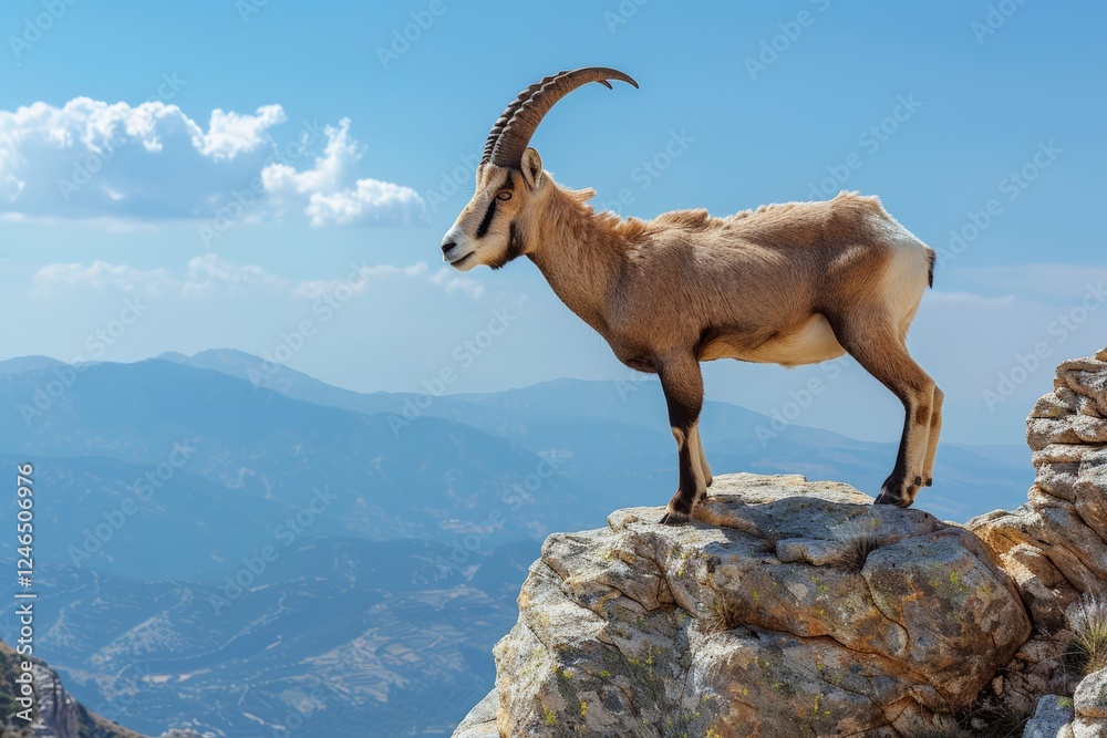 Pyrenean ibex on rocky outcrop overlooking expansive mountainous landscape under clear sky, both the grandeur and vulnerability of its extinct species within its natural habitat. Pyrenean ibex on rocky outcrop overlooking expansive mountainous landscape under clear sky, both the grandeur and vulnerability of its extinct species within its natural habitat.