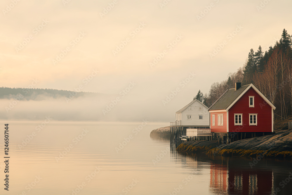 Fototapeta premium Serene waterfront houses at dawn misty landscape calm