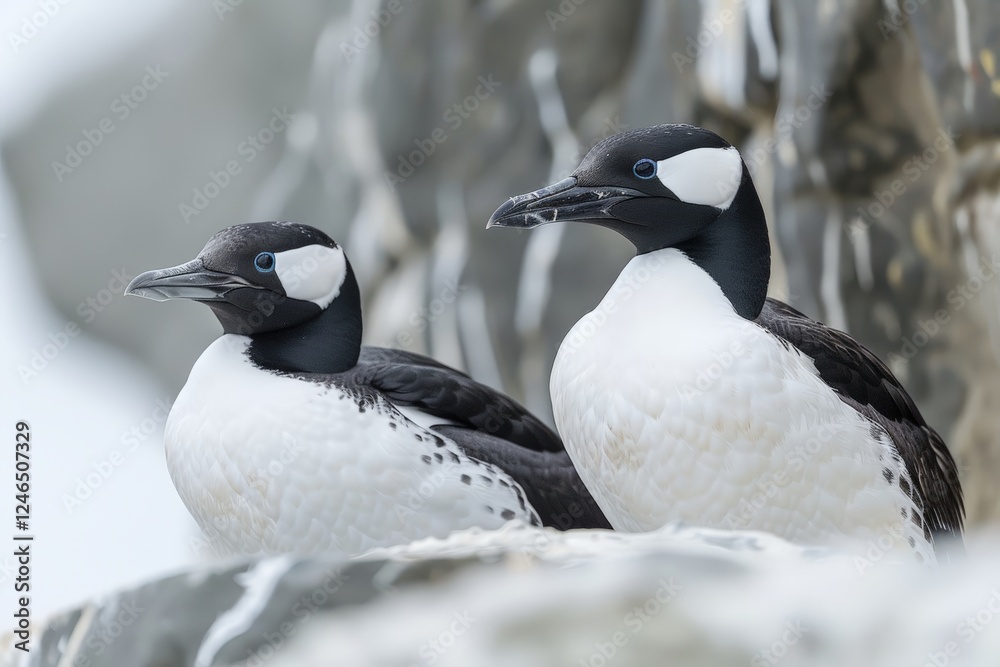 Fototapeta premium Close-up of two Great Auks with their distinctive black-and-white plumage, calmly perched on rocks, representing the elegance and uniqueness of this extinct species during breeding season.